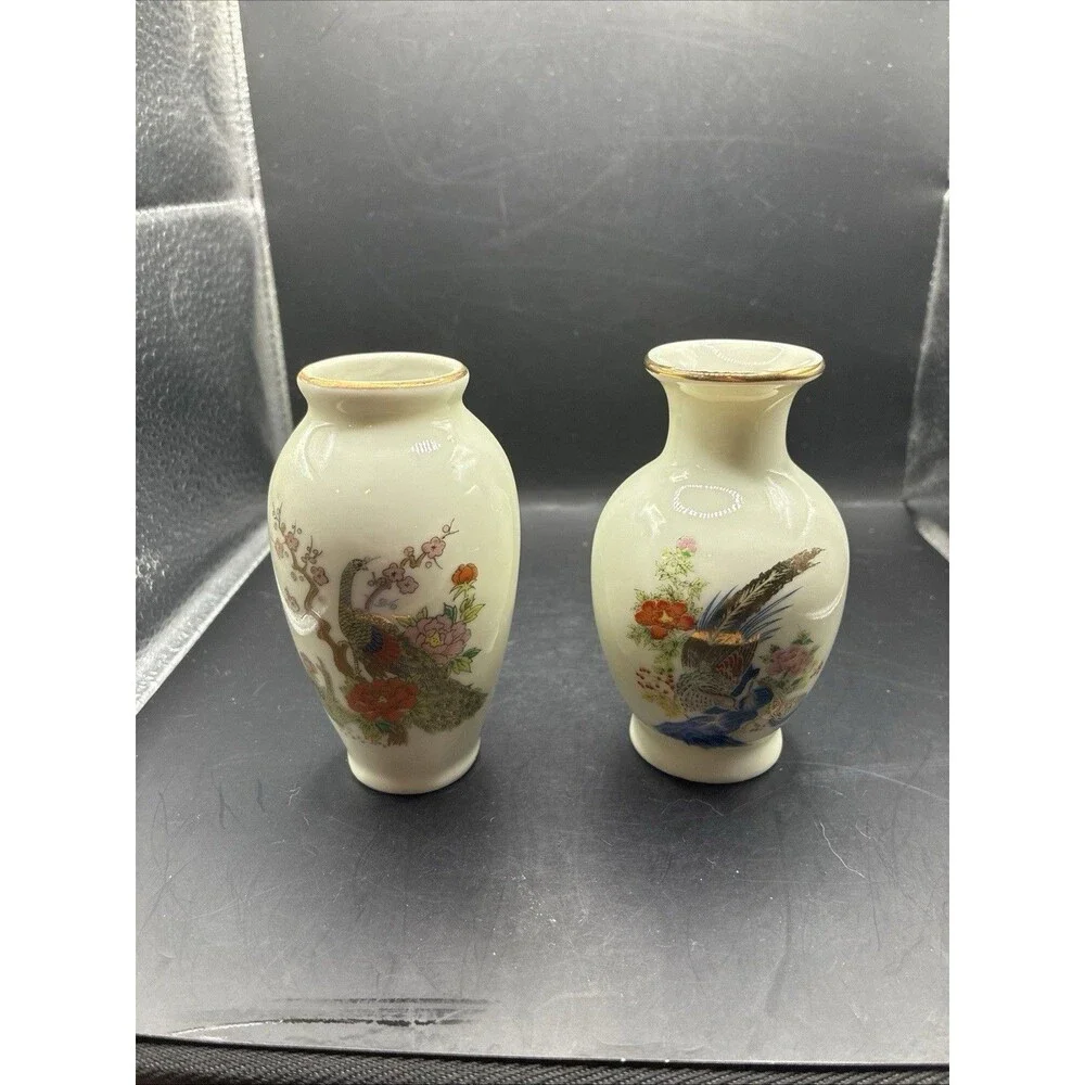 2 Vintage Mini Japanese Porcelain Vases. One With Peacock One with Pheasant,